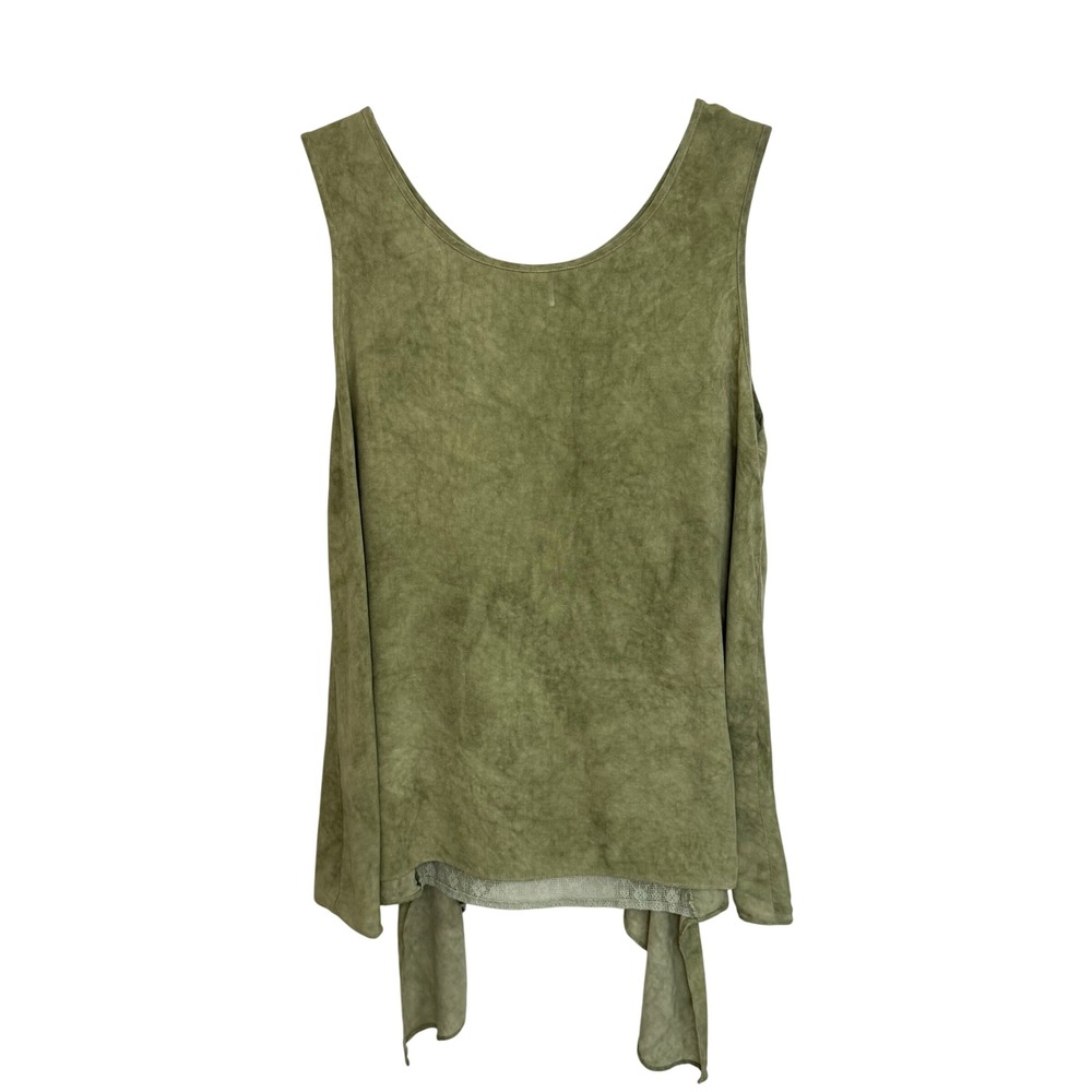 Easel Tank Top Women Large Green Rayon Linen Boho Ruffle Lace Back Mineral Wash